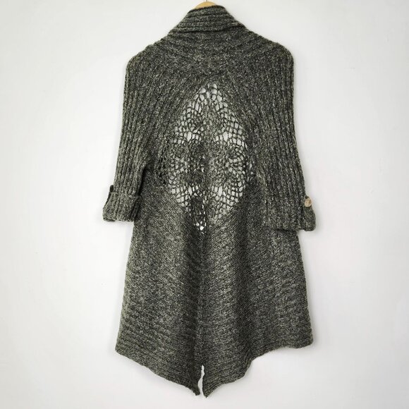 BCBG Forest Green Long Knit Cardigan Sweater Shall Collar Crochet Design Back - Picture 4 of 13